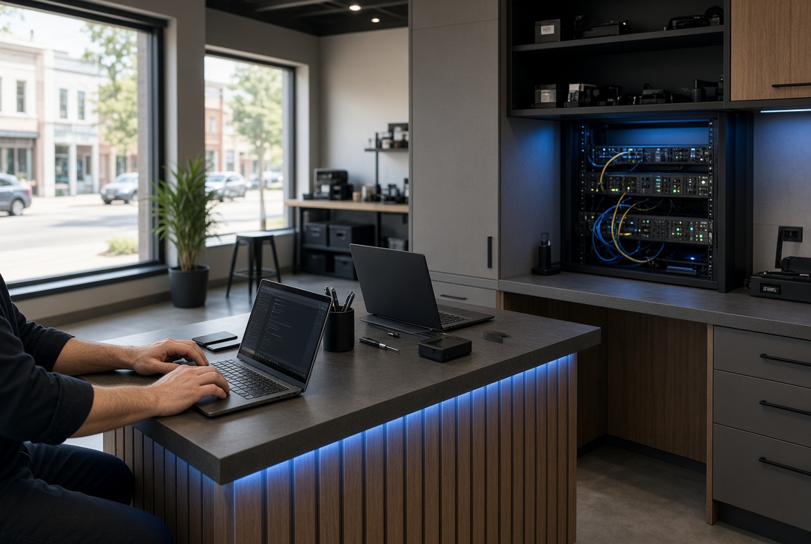 Service counter with laptops in a computer shop